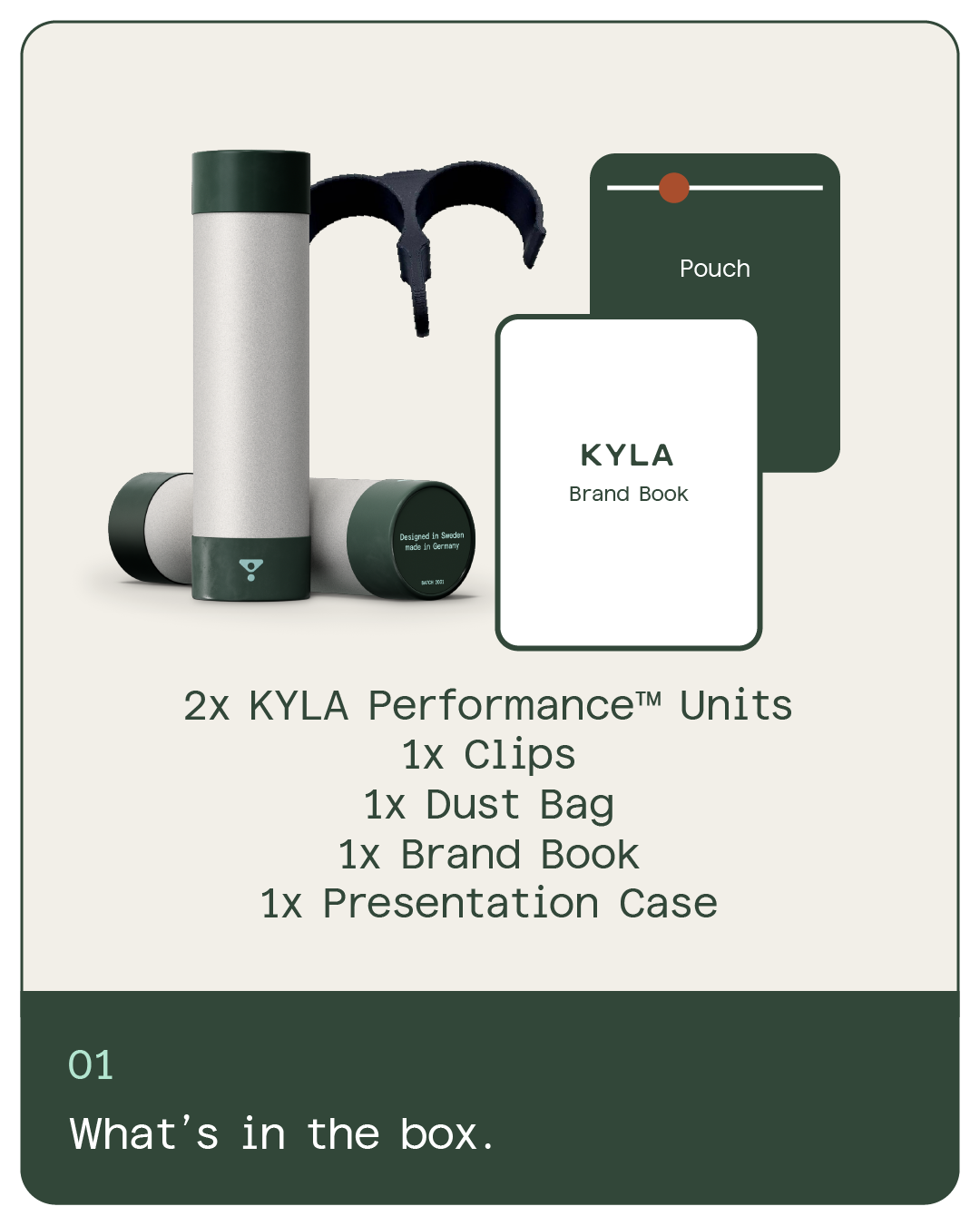 KYLA Performance box contents including palm cooling devices, clips, dust bag, brand book and presentation case