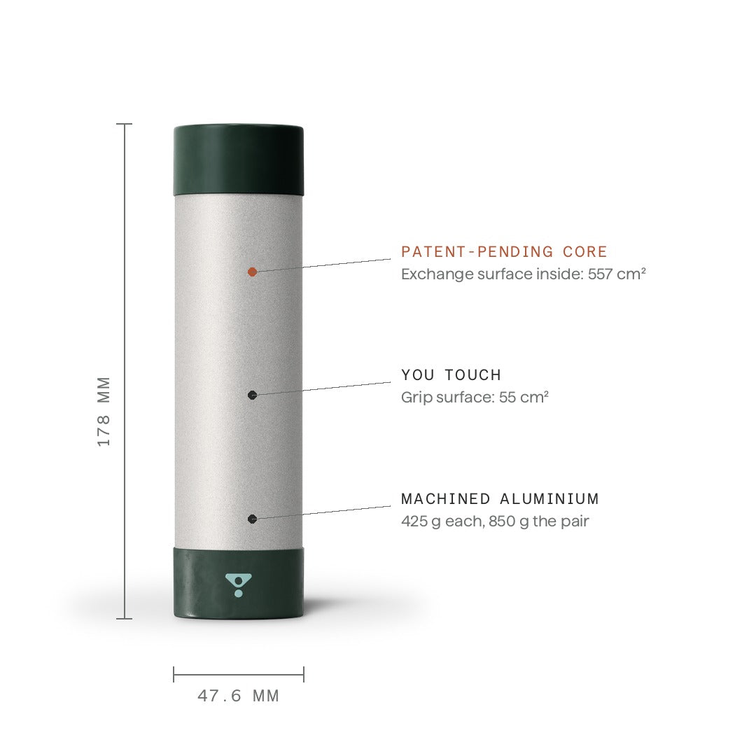 KYLA Performance, 178 mm tall and 47.6 mm across, 425 g per handle.
