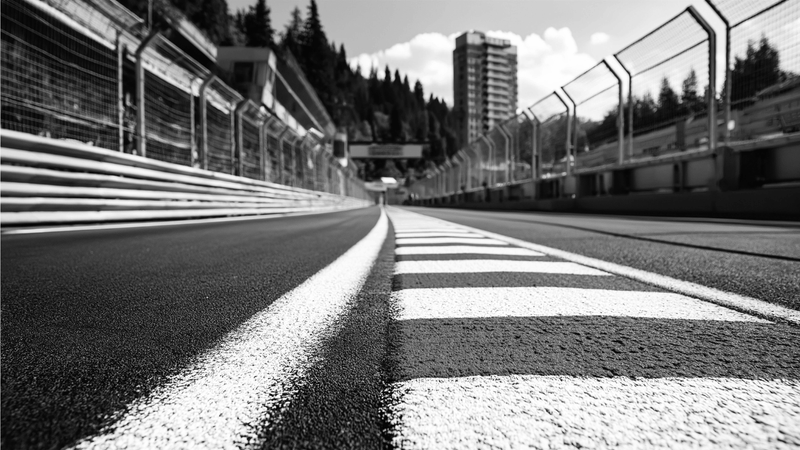 Black-and-white image of an empty race track symbolizing speed, endurance, performance limits and repeated high-output competition environments.