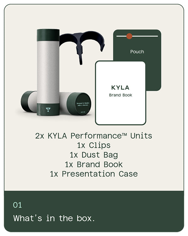 KYLA Performance box contents including palm cooling devices, clips, dust bag, brand book and presentation case
