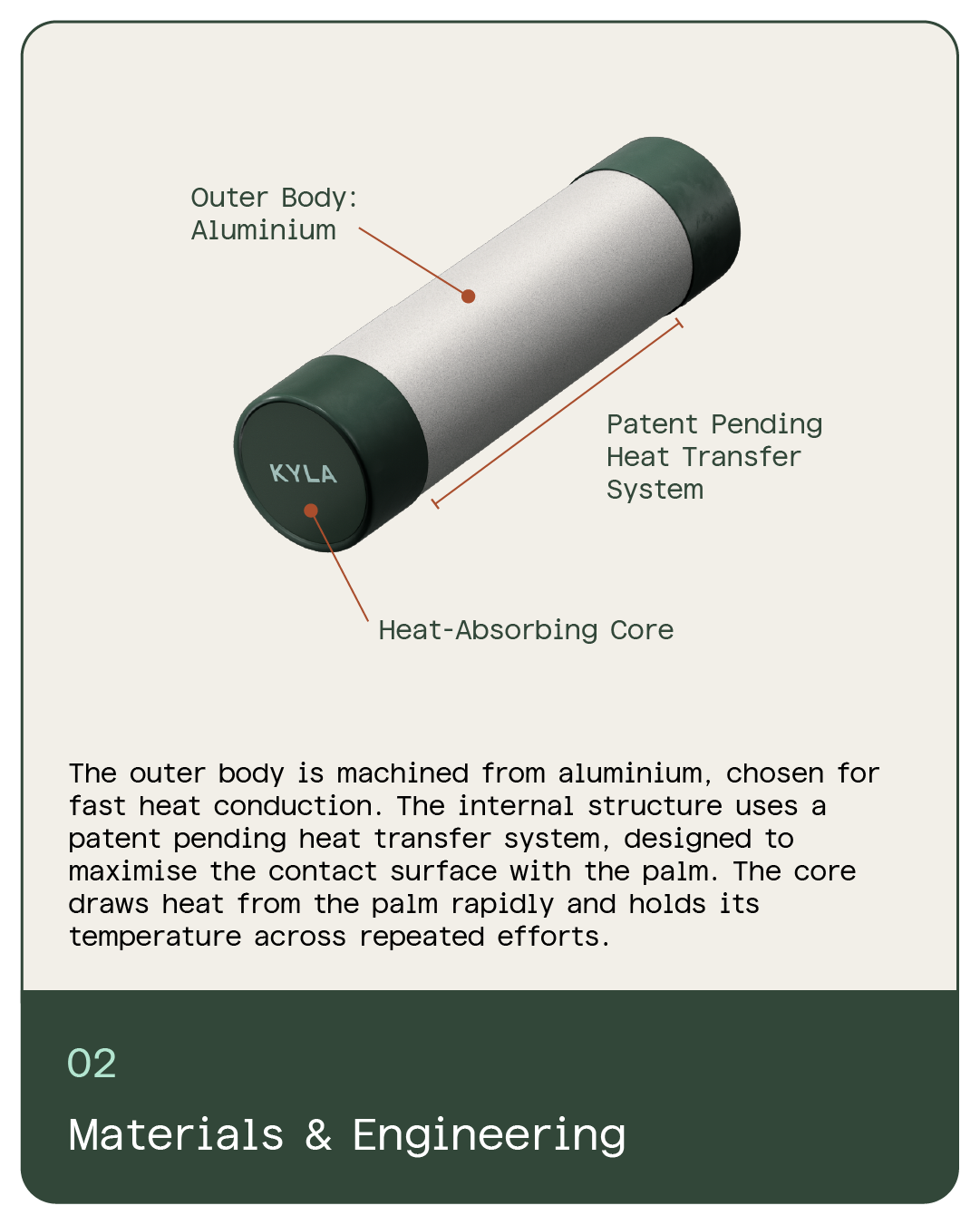 Technical illustration of KYLA Performance palm cooling device showing aluminium body and heat transfer system engineering